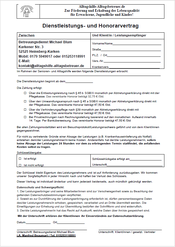 Honorarvertrag Alltagshilfe & Alltagsbetreuer Honorarvertrag Alltagshilfe & Alltagsbetreuer