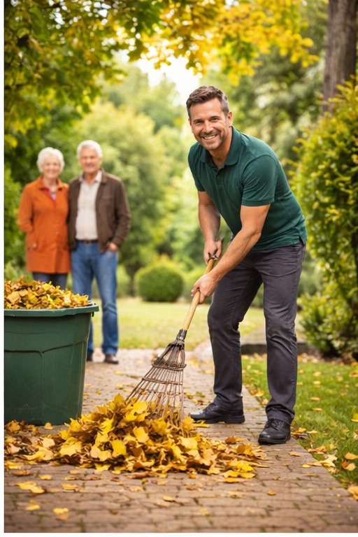 Alltagshilfe hält Wege sauber und entfernt Laub im Garten eines Seniors