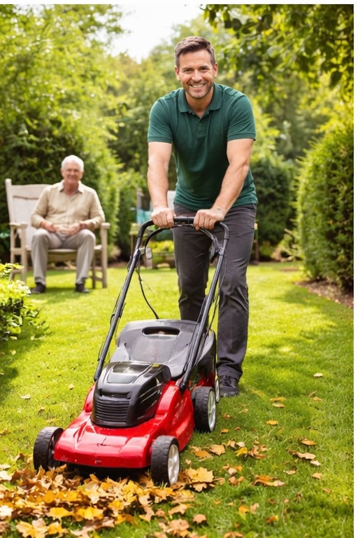 Alltagshilfe beim Rasen mähen- wir kümmern uns um Wege, Laub und kleine Außenpflege rund ums Haus.