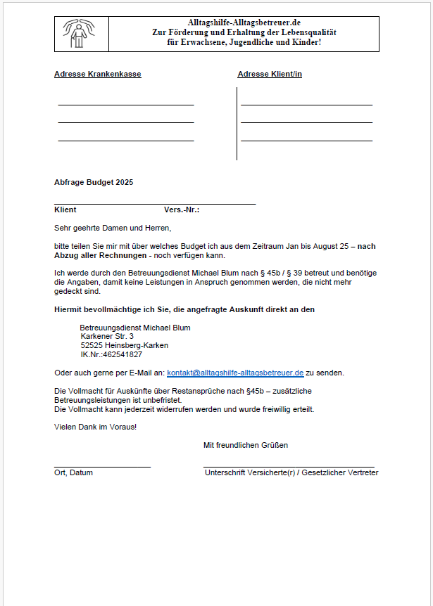 Alltagshilfe & Alltagsbetreuer Budgetanfrage Alltagshilfe & Alltagsbetreuer Budgetanfrage