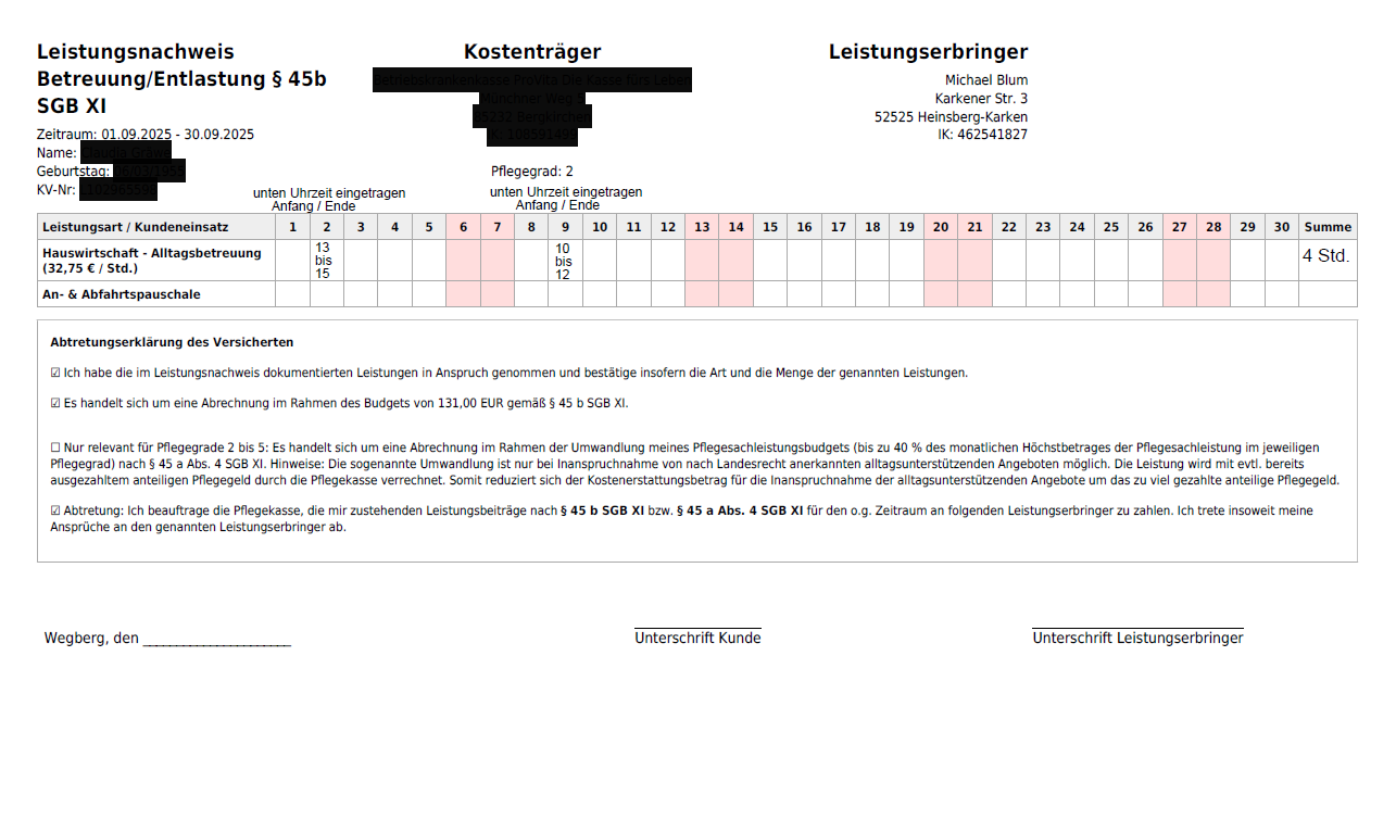 Alltagshilfe & Alltagsbetreuer Leistungsnachweis