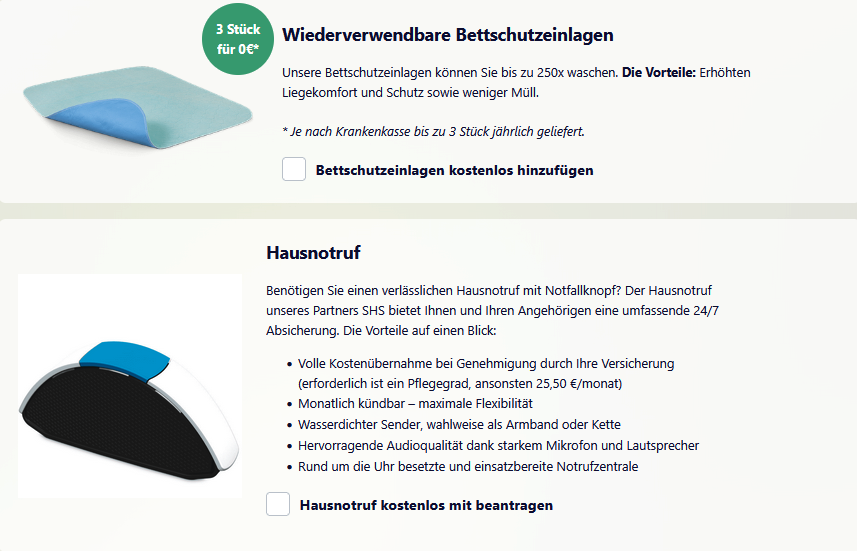 Wiederverwendbare Bettschutzeinlagen und Hausnotruf online bei unserem Partner in wenigen Schritten bestellen.