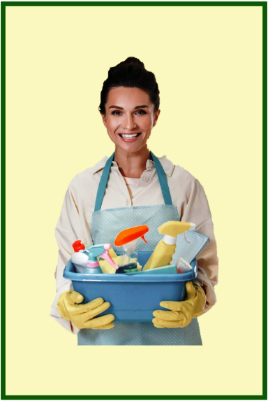 Eine sehr gepflegte Alltagshilfe hält mit einem freundlichen Lächeln einen Korb mit Putzmittel in den Händen und zeigt ihre Bereitschaft, den Haushalt zu einem Wohlfühlort zu machen. Sie strahlt eine positive Energie aus und ist bereit, sich für die Reinigung und Organisation des Haushalts einzusetzen.
